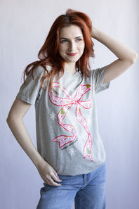 Simply Southern Holiday Bow T-Shirt for Women in Gray
