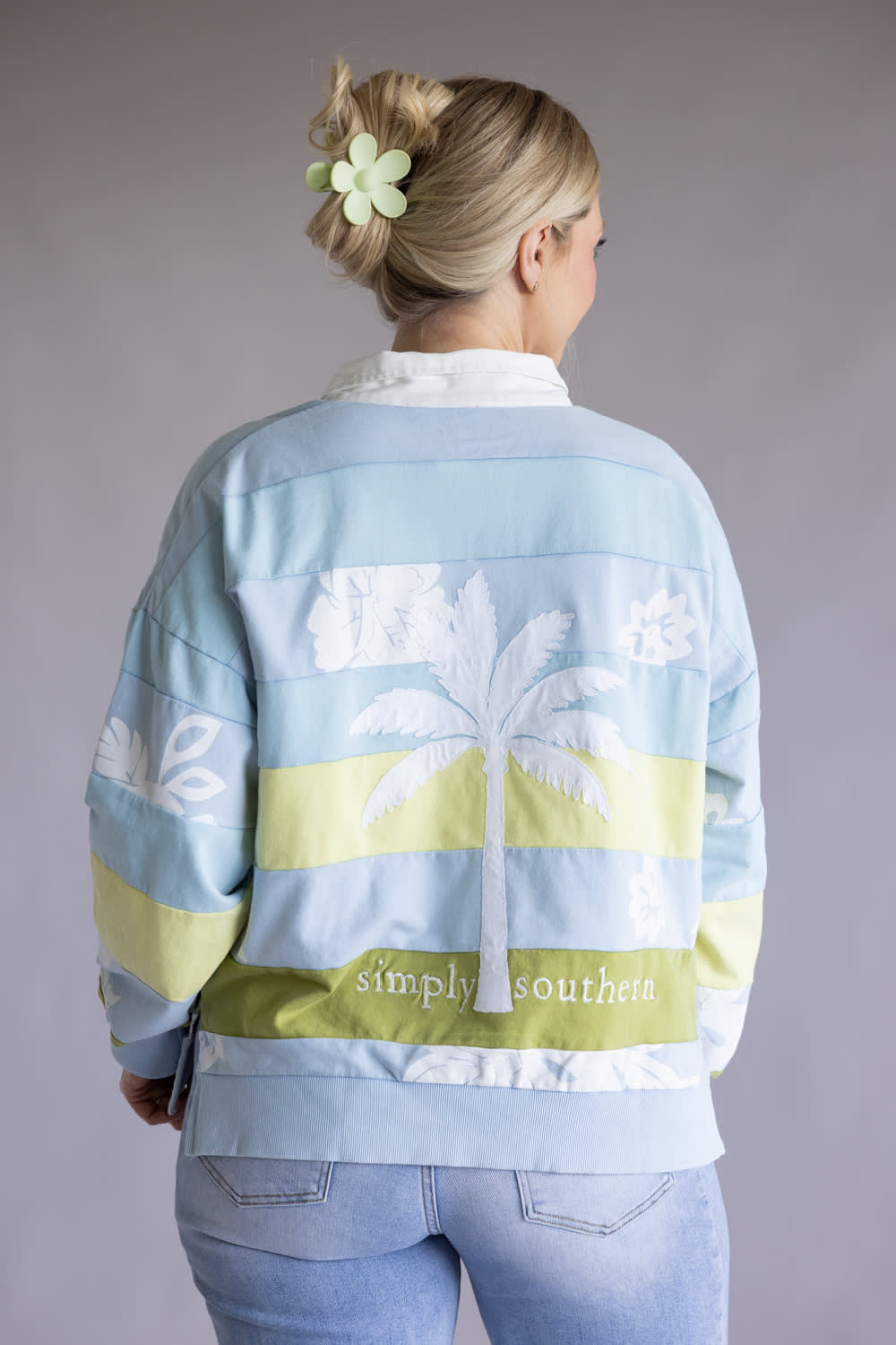 Simply Southern Palm Polo Pullover for Women in Blue