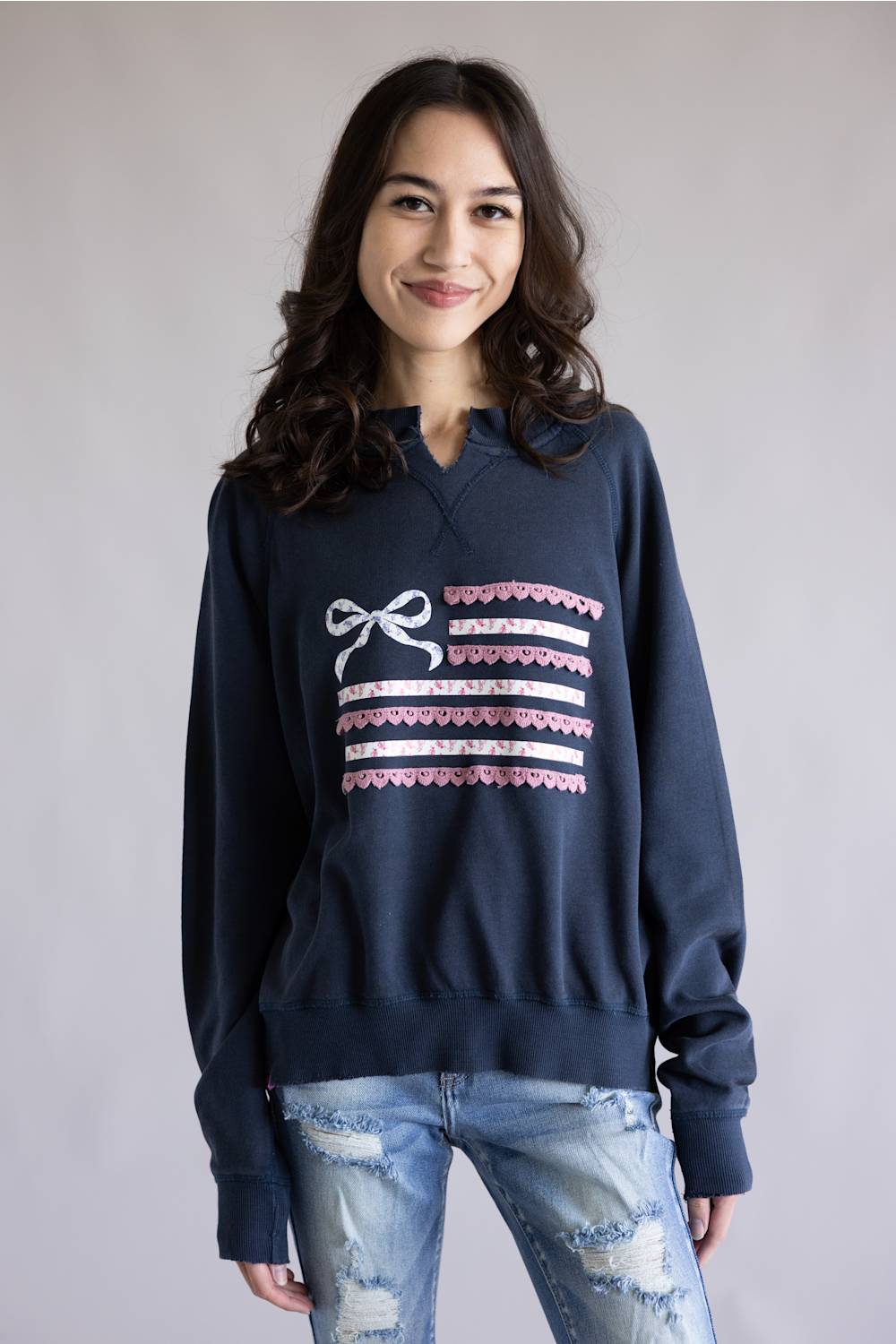 Simply Southern Ribbon Flag Summer Crewneck for Women in Navy