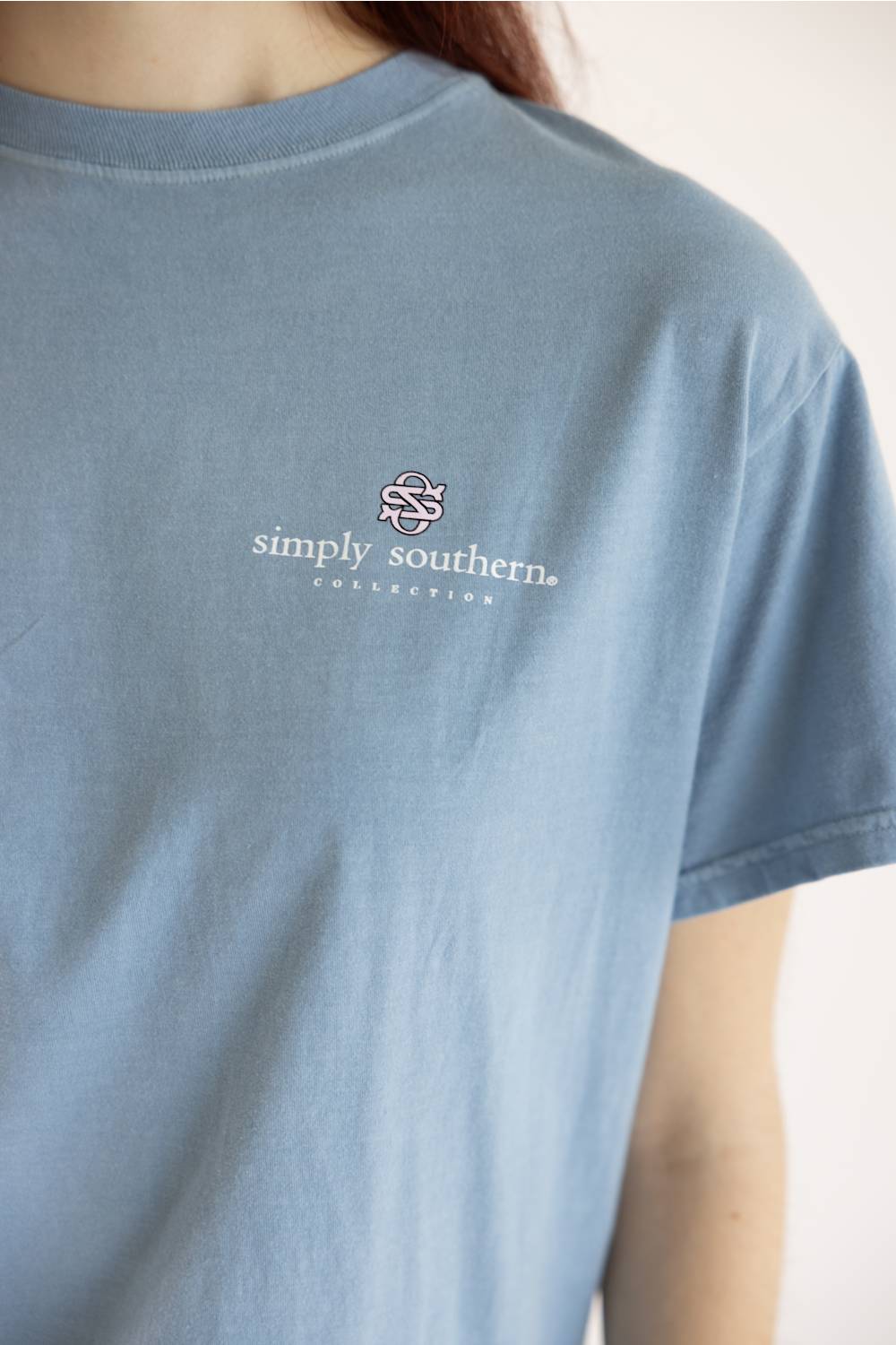 Simply Southern Walking by Faith Goose Mineral Wash T-Shirt for Women in Faded Denim Blue | MINWASH-TRIPPING-FDBLU