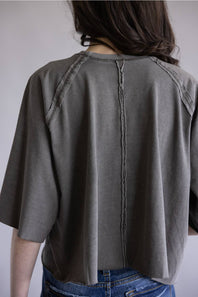 Simply Southern Washed Tee for Women in Grey; Person wearing a gray t-shirt on a plain background