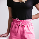 Elastic Waist Linen Shorts for Women in Hot Pink