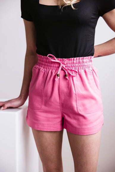 Elastic Waist Linen Shorts for Women in Hot Pink