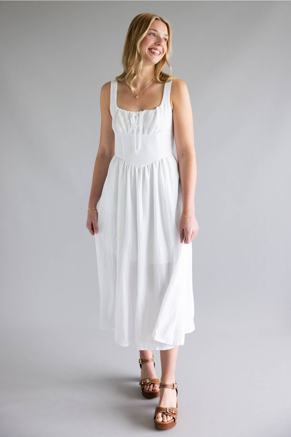 Solid Midi Dress for Women in White