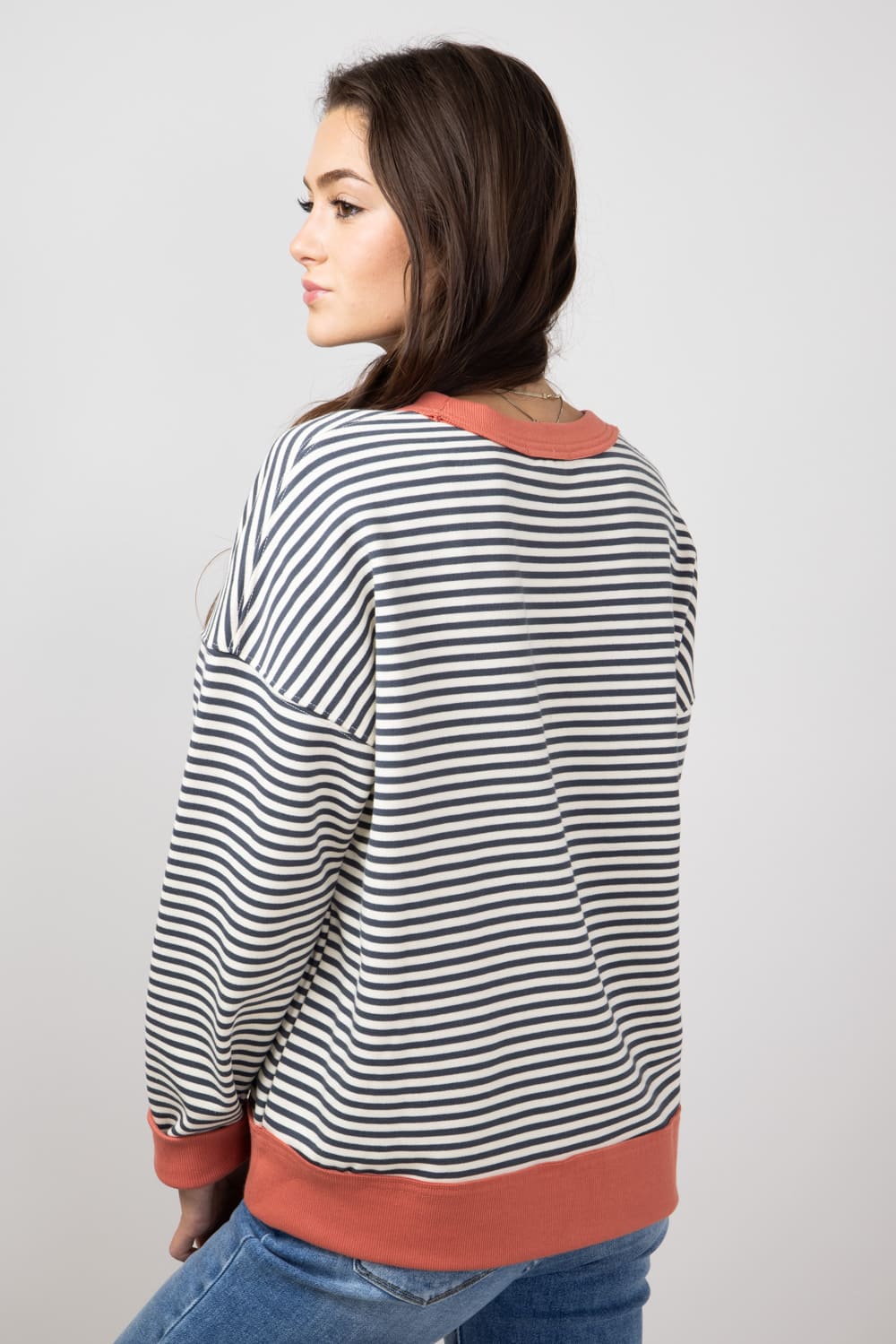 Striped Crewneck Pullover for Women in Charcoal