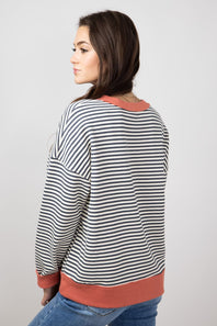 Striped Crewneck Pullover for Women in Charcoal