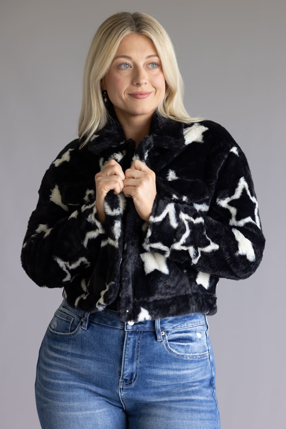 Star Faux Fur Cropped Coat for Women in Black
