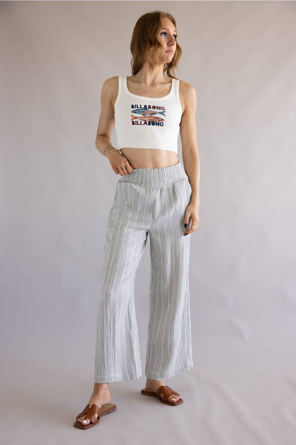 Stripe Smocked Waist Linen Pants for Women in Charcoal