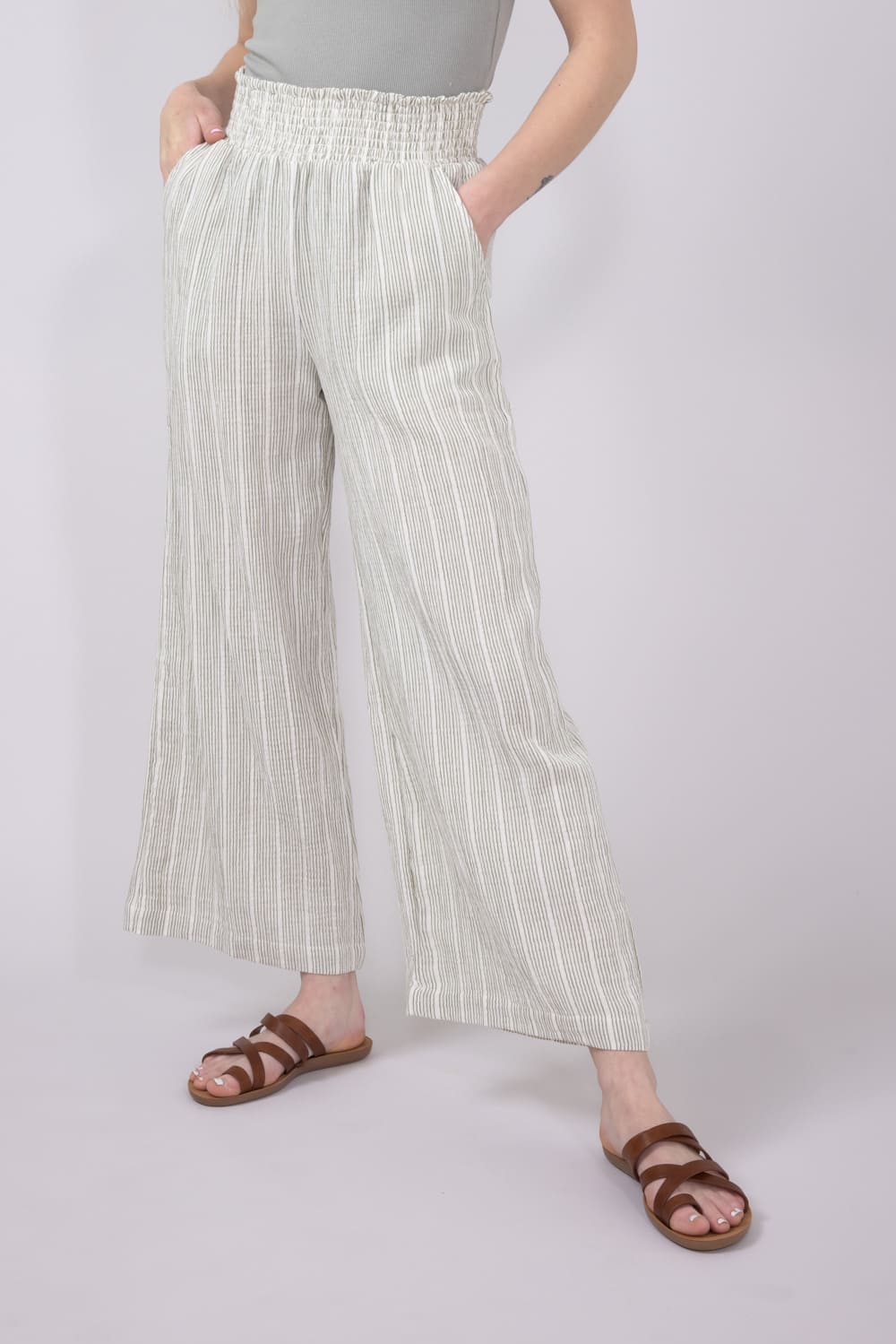 Stripe Smocked Waist Linen Pants for Women in Sage/Cream