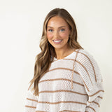 Wishlist Striped Hooded Open Knit Sweater for Women in Cream Taupe