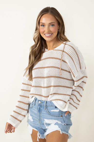 Wishlist Striped Hooded Open Knit Sweater for Women in Cream Taupe
