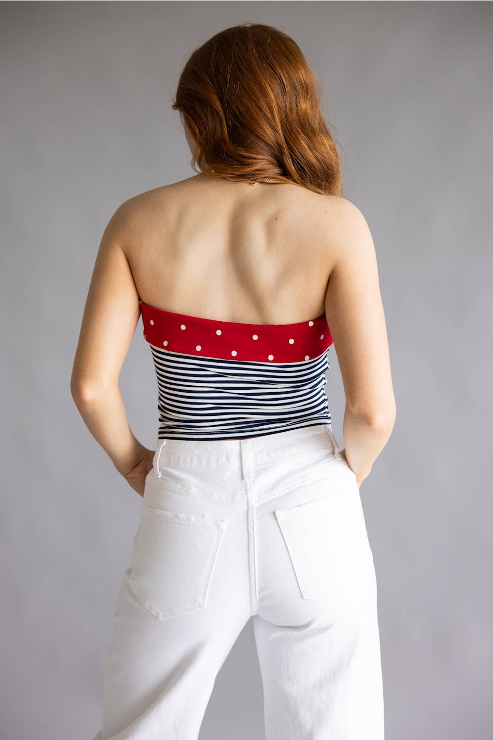 Striped Polka Dot Strapless Top for Women in Navy/Off White