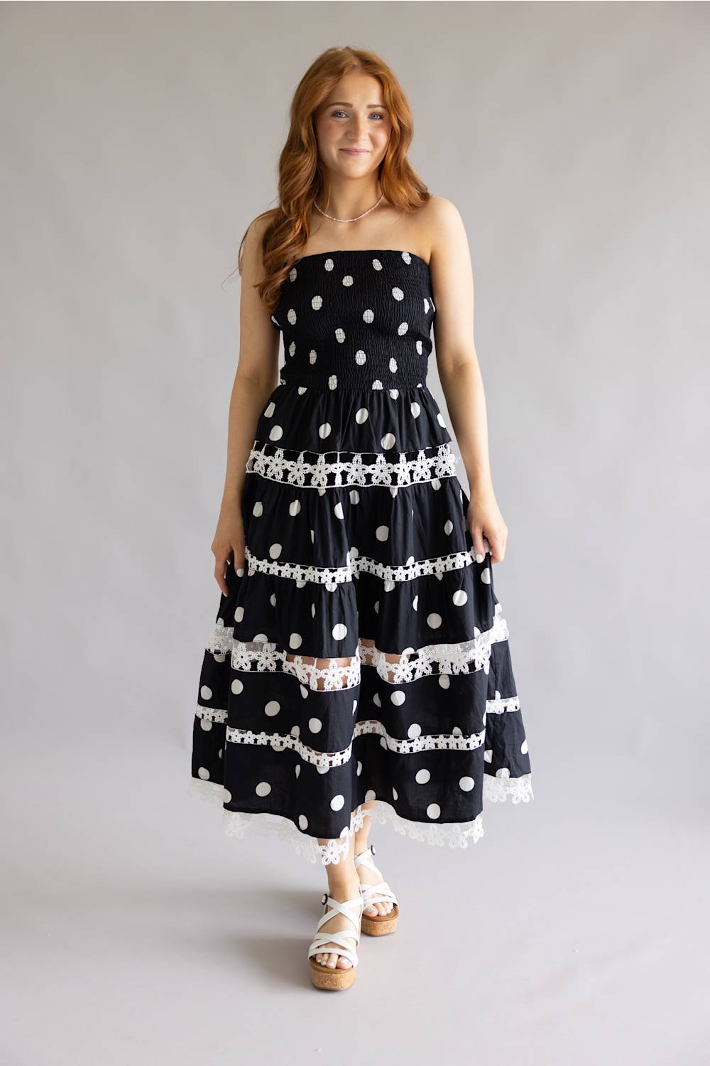 Strut & Bolt Polka Dot Eyelet Lace Strapless Midi Dress for Women in Black