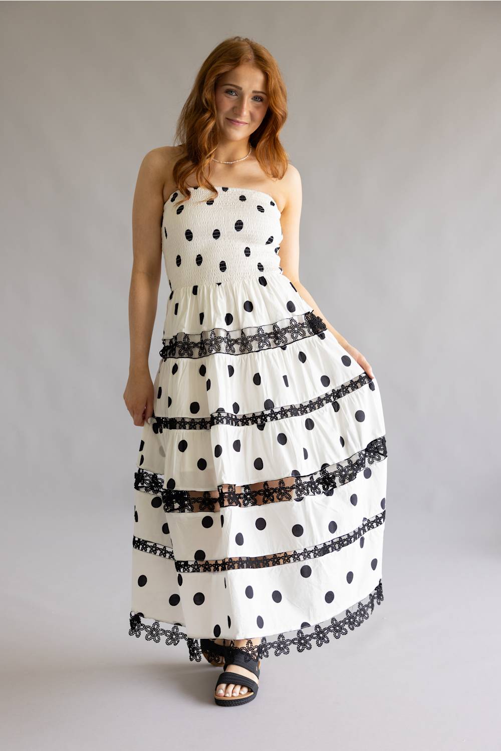Strut & Bolt Polka Dot Eyelet Lace Strapless Midi Dress for Women in White