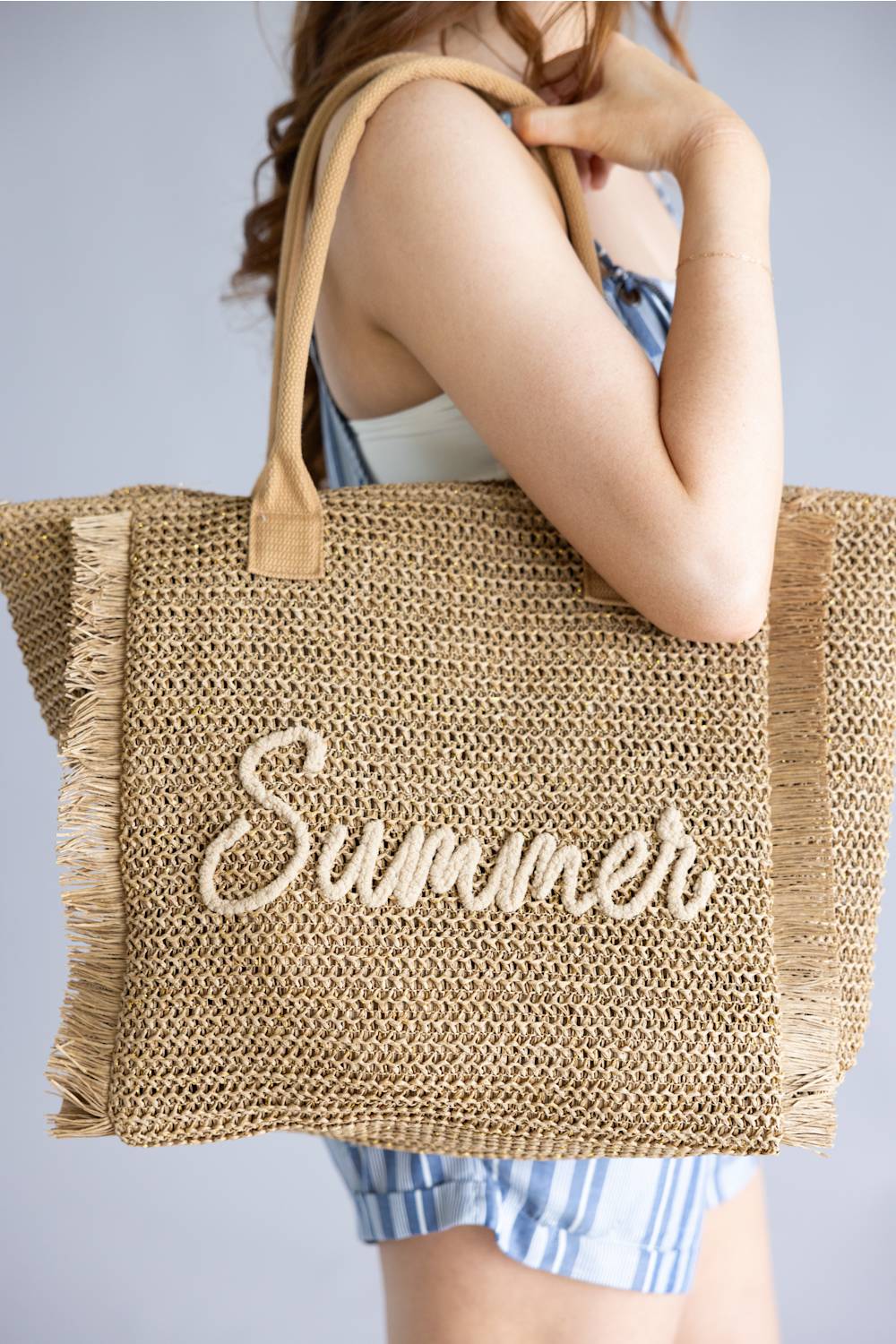 Summer Rope Straw Tote Bag in Tan