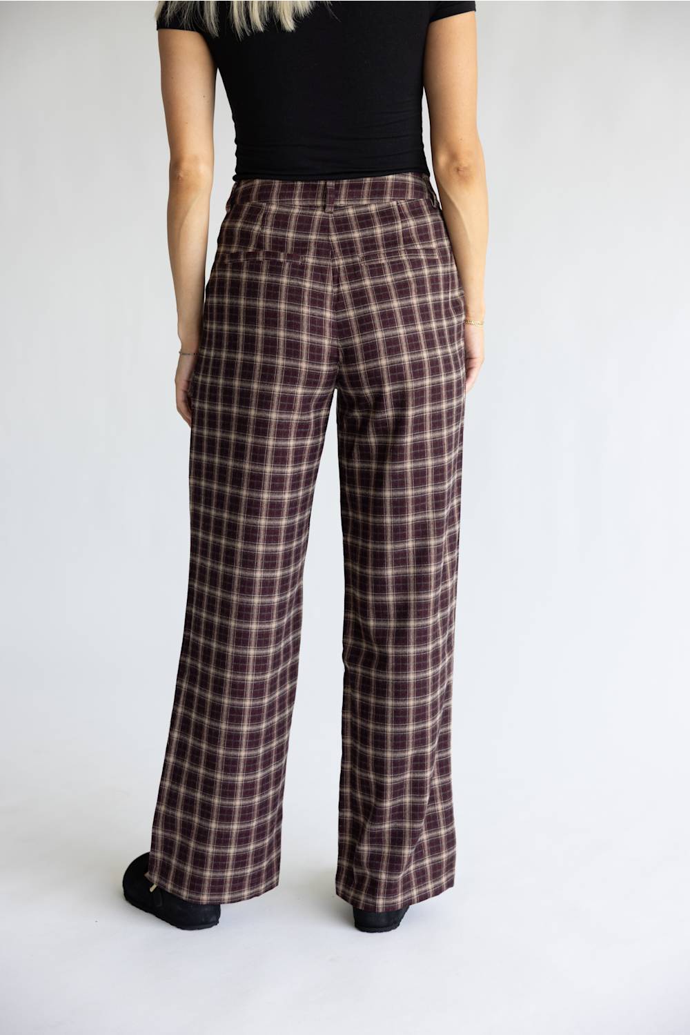 Sunday Edition Plaid High Rise Wide Leg Pants for Women in Wine