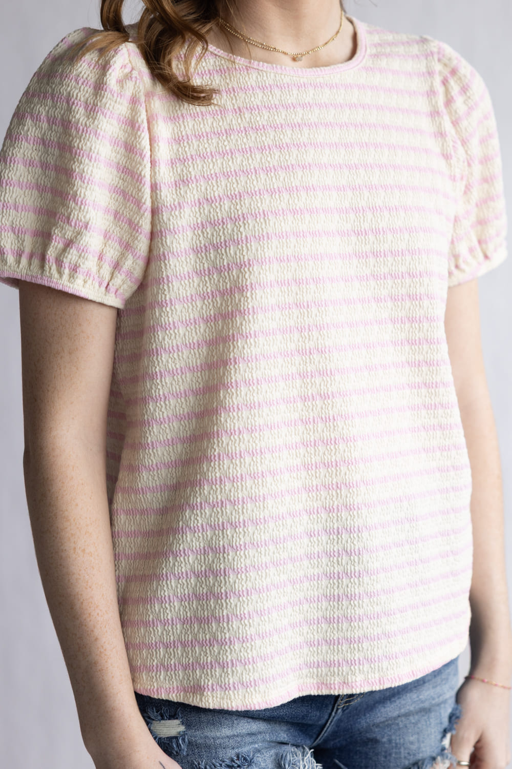 Textured Stripe Puff Sleeve Top for Women in Pink/Cream 