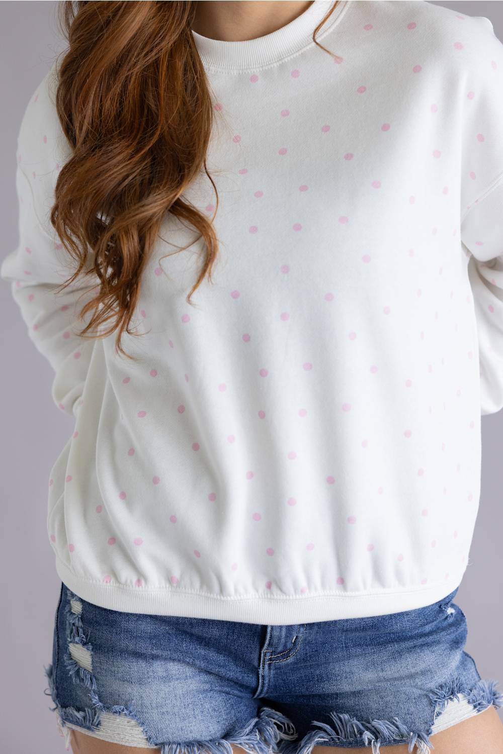 Polka Dot Fleece Crewneck for Women in White/Pink