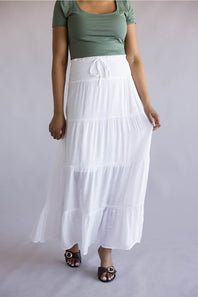 Love Tree Tie Waist Tiered Maxi Skirt for Women in White