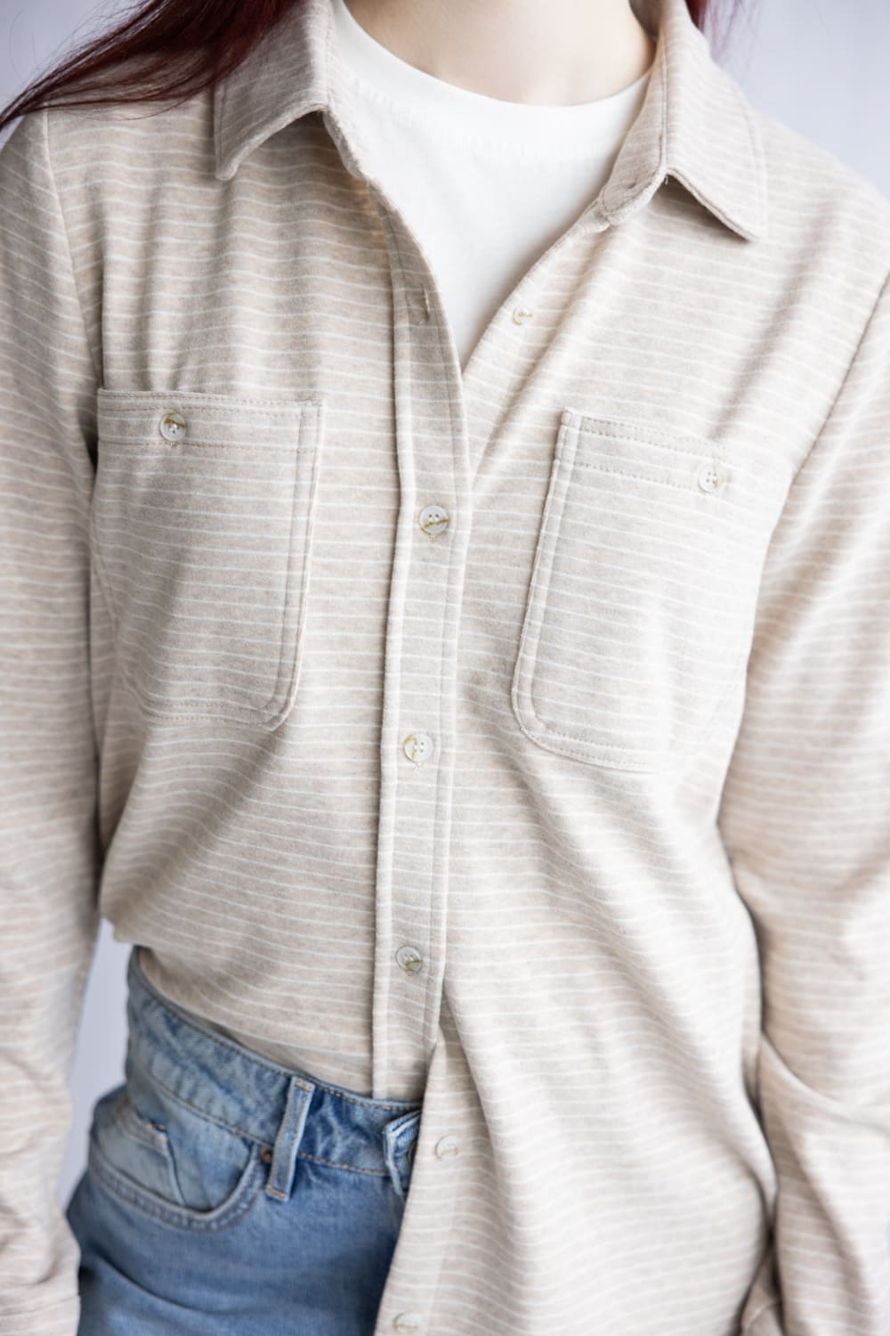 Thread & Supply Lewis Soft Luxe Button Up Shirt for Women in Tan White