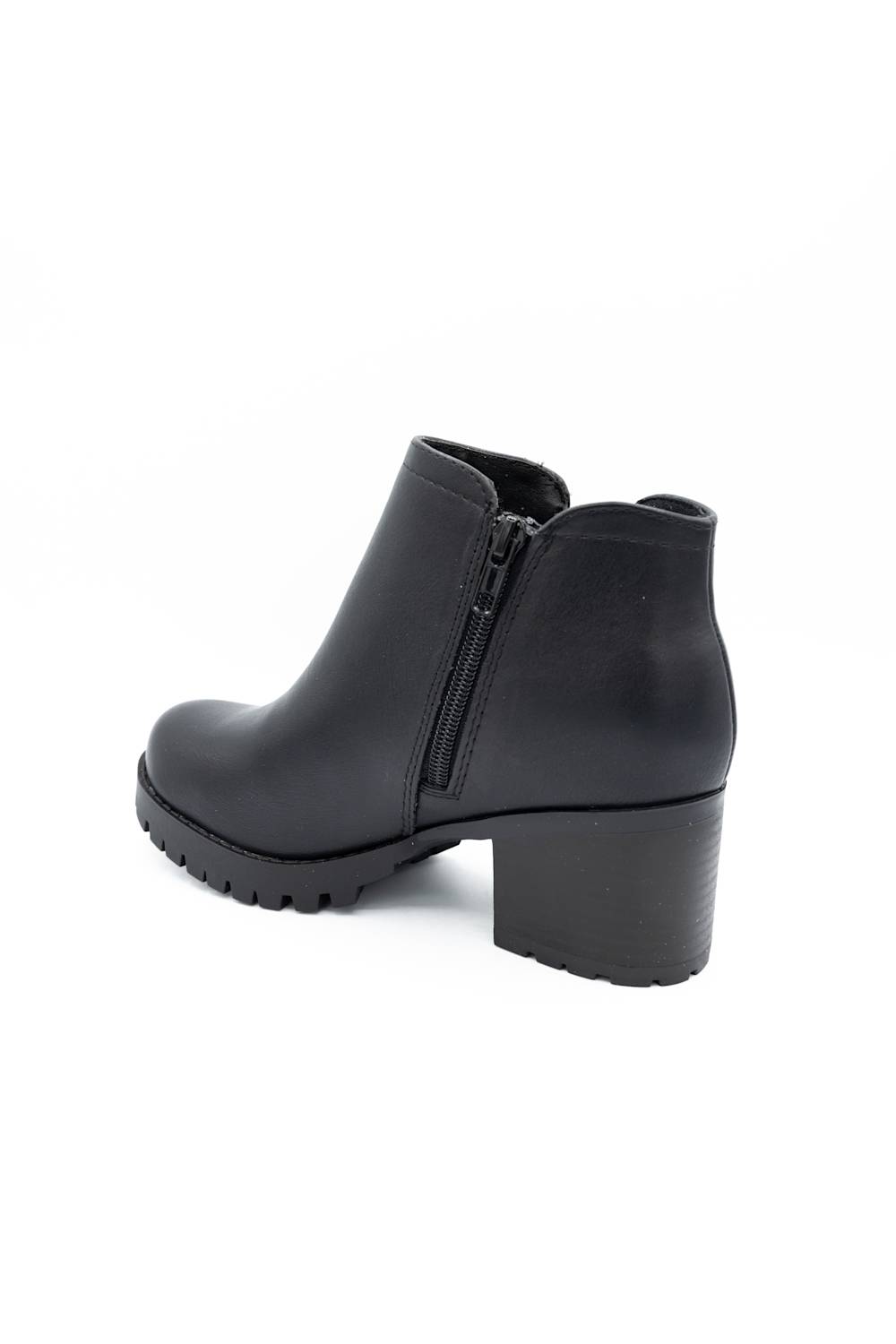 A single black leather ankle boot with a chunky block heel and a textured lug sole, shown from a three-quarters angle on a white background.