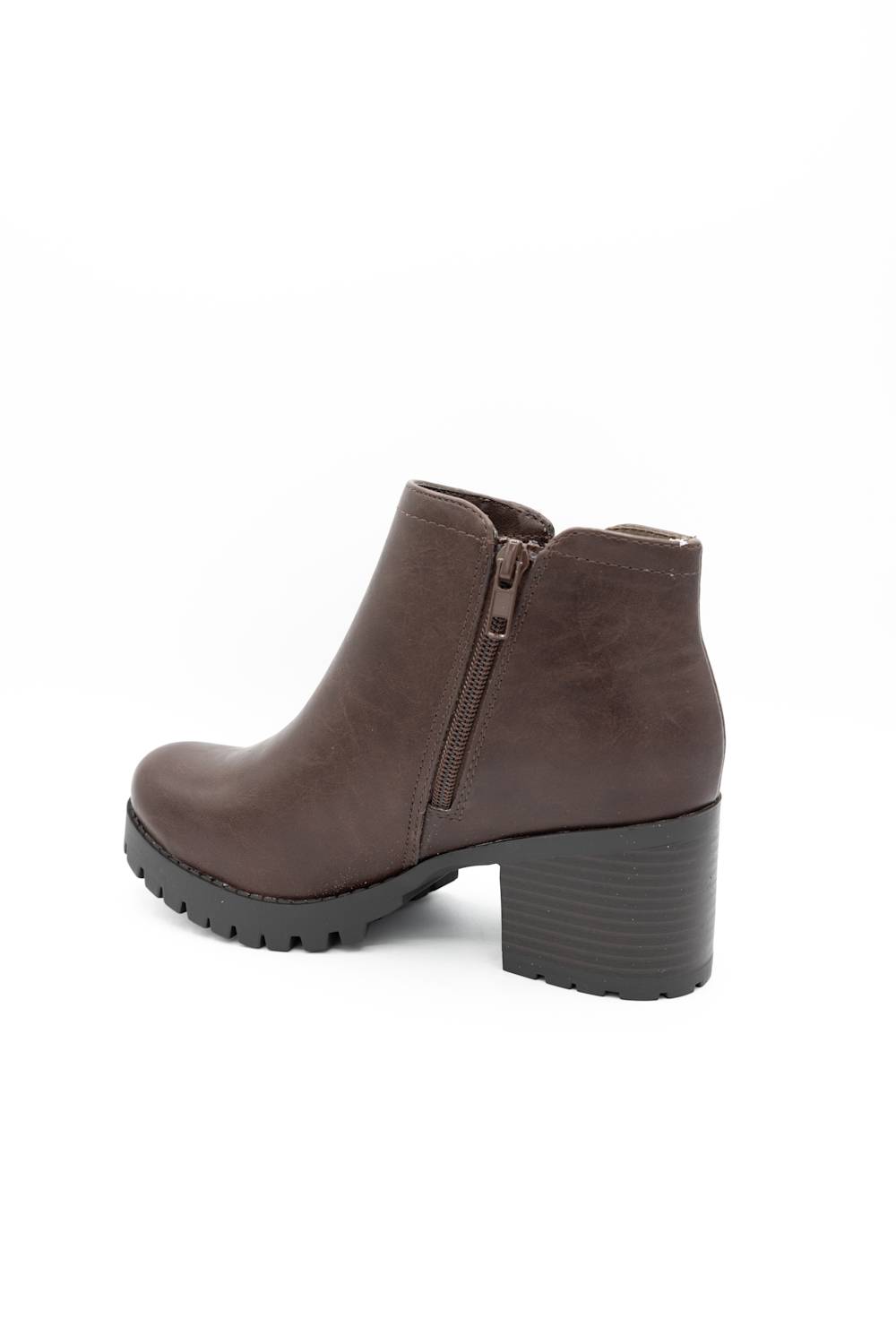 A single brown leather ankle boot with a chunky block heel and a black textured sole, shown from a side profile on a white background.
