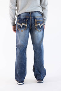 Back view of Men's True Luck Truman Loose Straight jeans in a dark wash, showcasing detailed contrast stitching, decorative embroidery on the back patch pockets, and a black logo patch at the waistband.