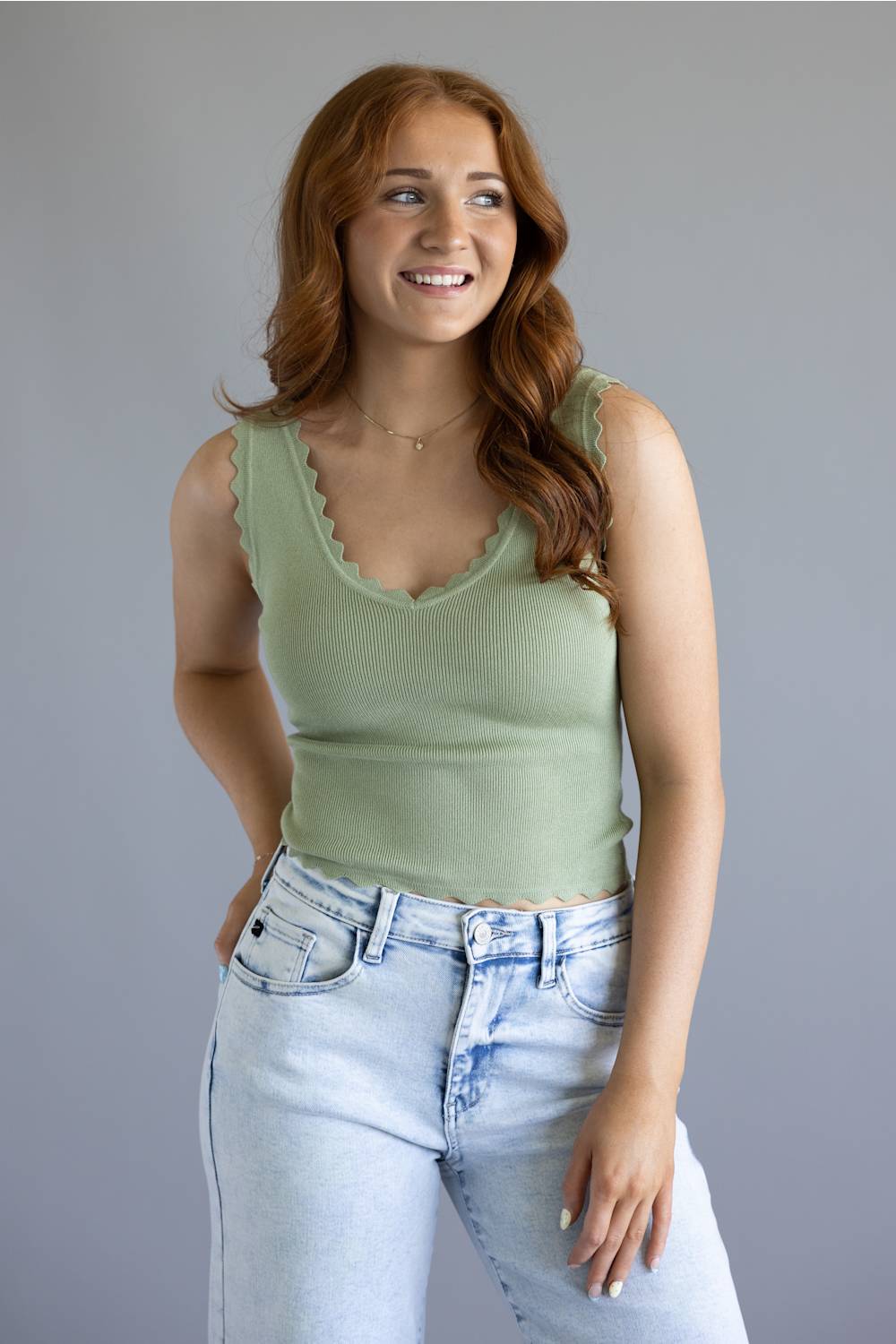 Scallop Tank Top for Women in Olive