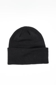 Back view of a plain black ribbed knit beanie featuring a folded cuff hem against a solid white background.