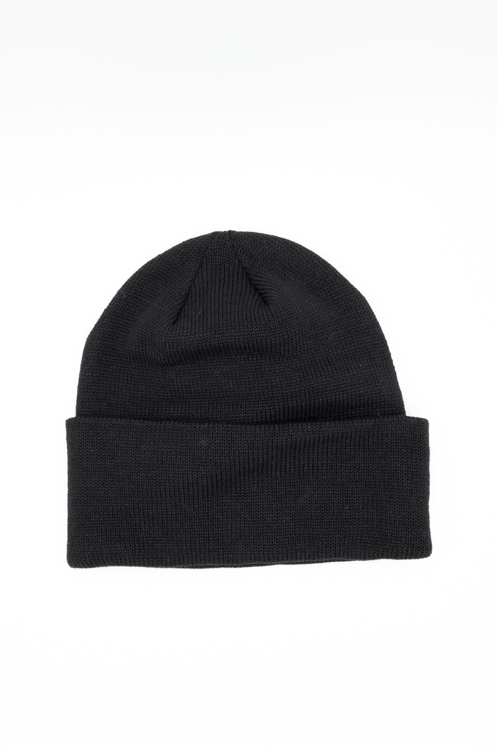 Back view of a plain black ribbed knit beanie featuring a folded cuff hem against a solid white background.