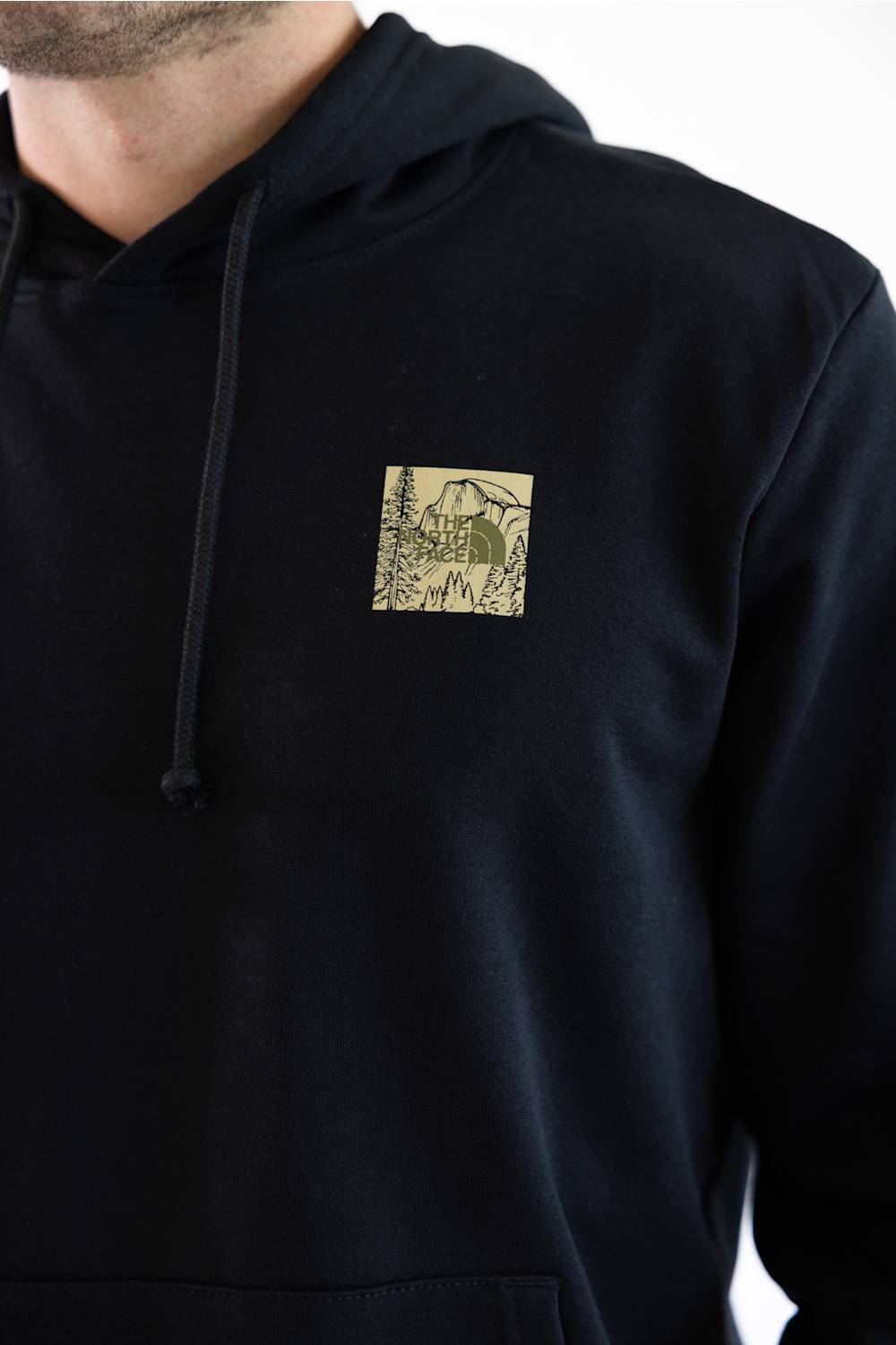 A close up of a person wearing a black pullover hoodie with a tan graphic featuring The North Face logo with Half Dome behind it.
