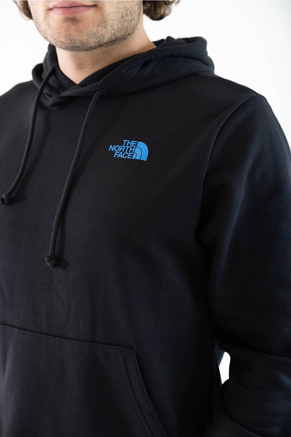 A close-up of a person wearing a black pullover hoodie with a small blue The North Face logo on the left chest, against a plain white background.