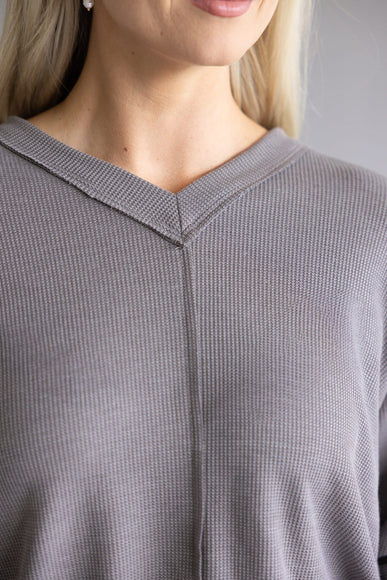 Thermal V-Neck Oversized Top for Women in Charcoal