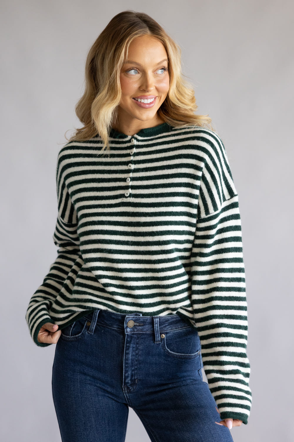 Things Between Piper Henley Shirt for Women in Forest Green Stripe