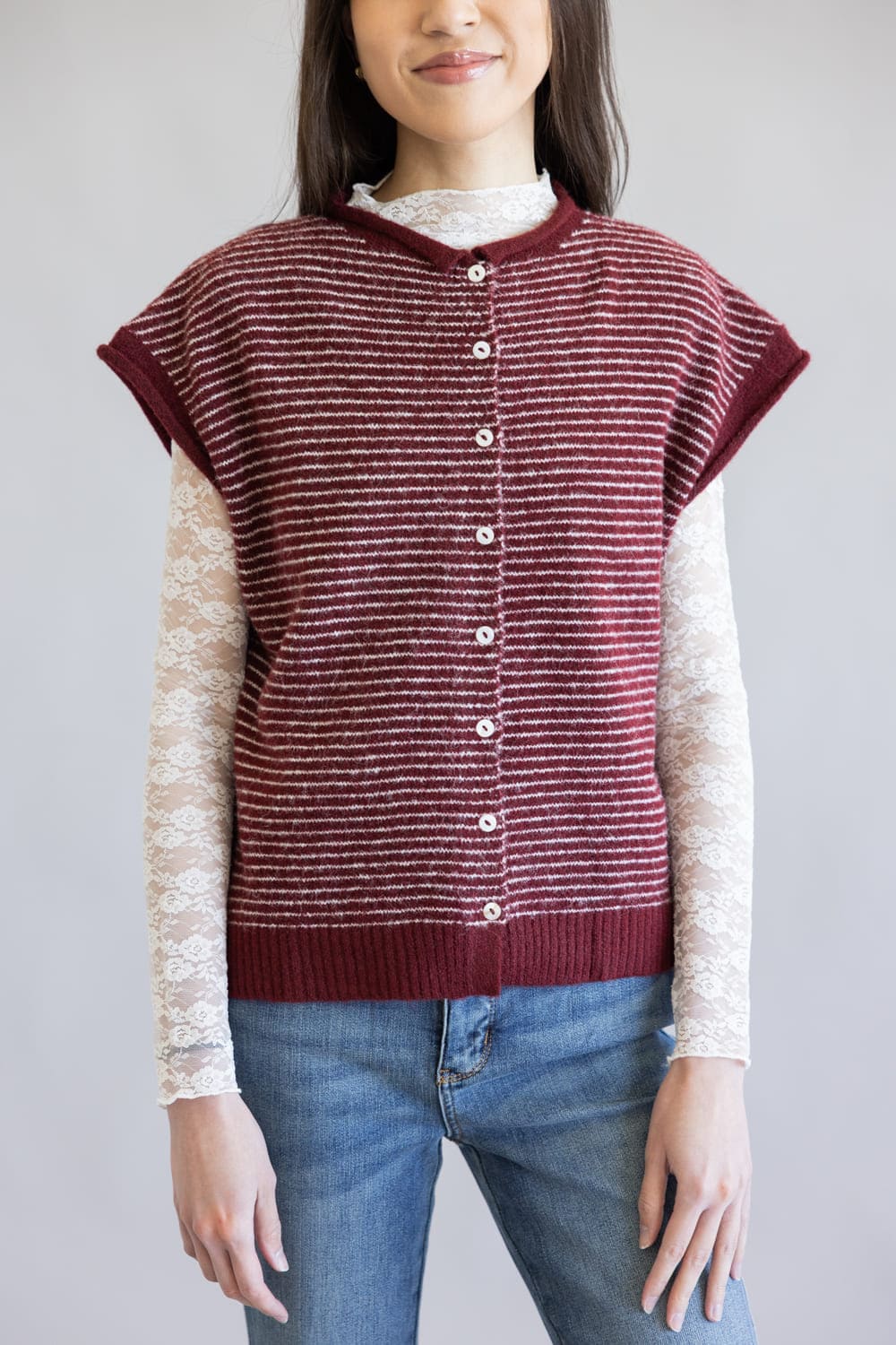 Things Between Stripe Cap Sleeve Piper Cardigan for Women in Wine