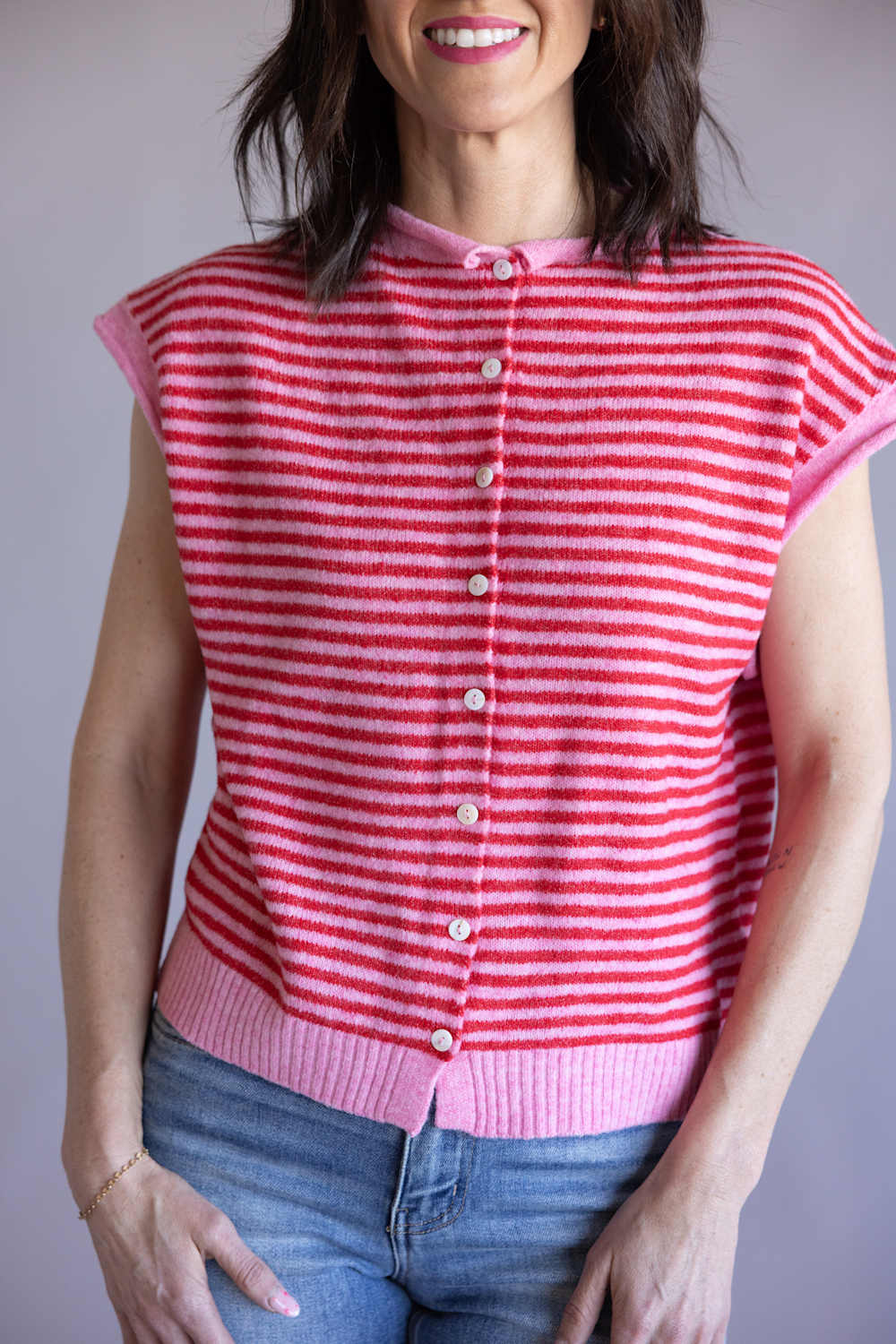 Things Between Striped Cap Sleeve Piper Cardigan for Women in Pink