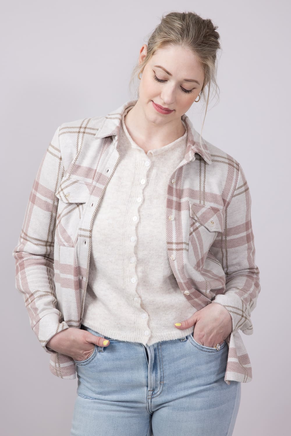 Thread & Supply Cassin Soft Luxe Button Up Shirt in Mauve Tan Plaid