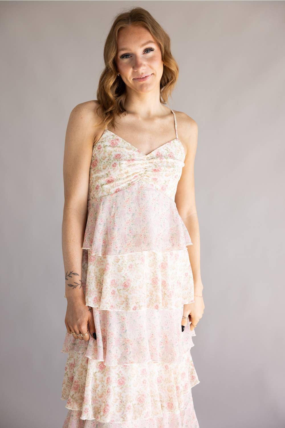 Tiered Floral Ruffle Maxi Dress for Women in Pink Multi