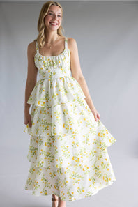 Tiered Tie Back Floral Maxi Dress for Women in White/Yellow