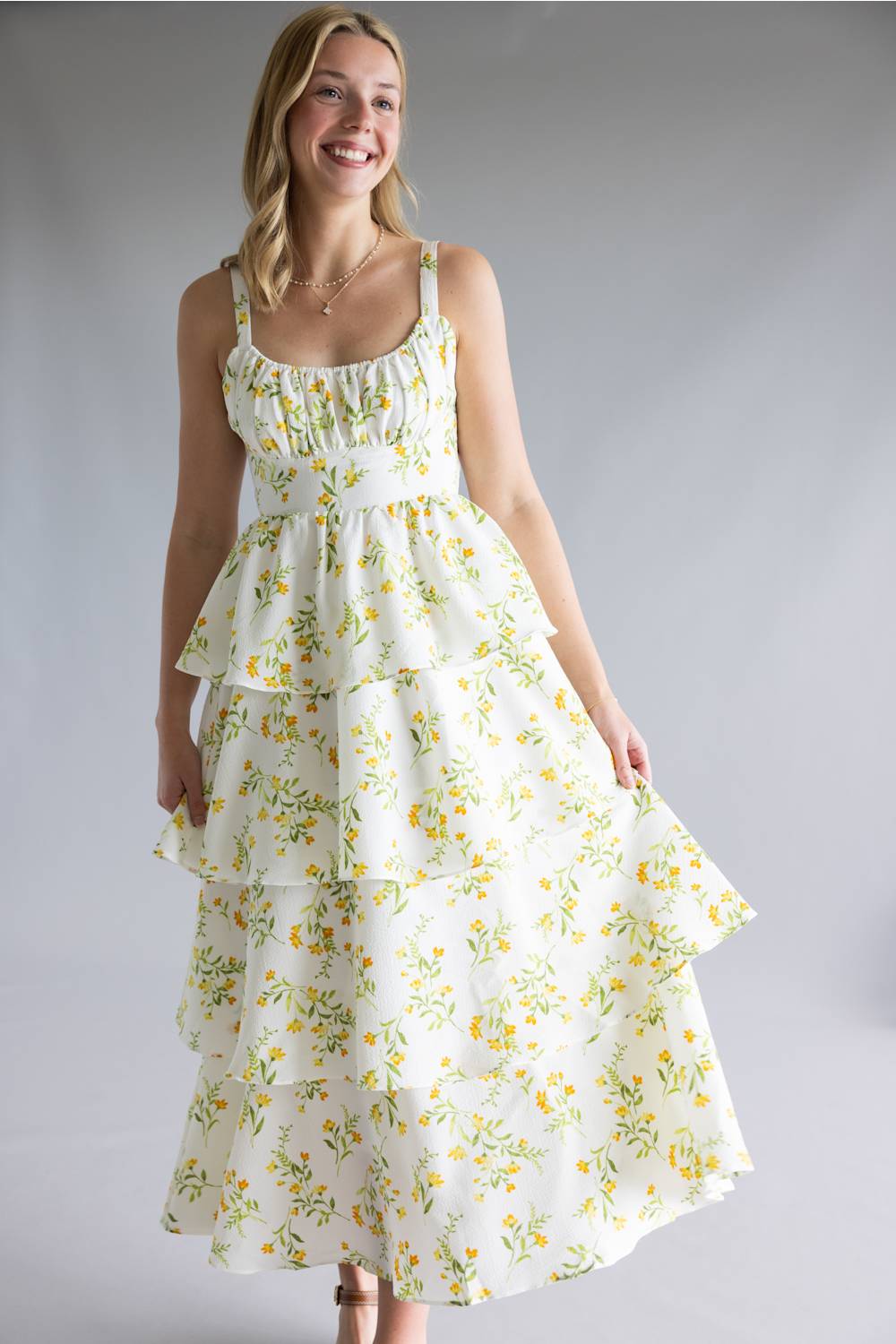 Tiered Tie Back Floral Maxi Dress for Women in White/Yellow