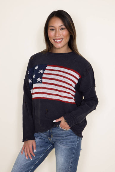 Distressed American Flag Sweater for Women in Charcoal