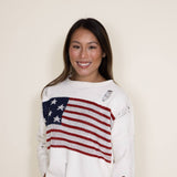 Distressed American Flag Sweater for Women in Cream