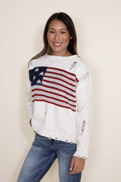 Distressed American Flag Sweater for Women in Cream