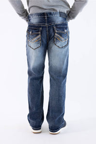 Back view of men's dark wash loose straight-leg denim jeans featuring embellished flap back pockets with contrast stitching and a branded leather waistband patch.