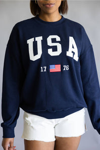 Embroidered USA 1776 Crewneck for Women in Navy
