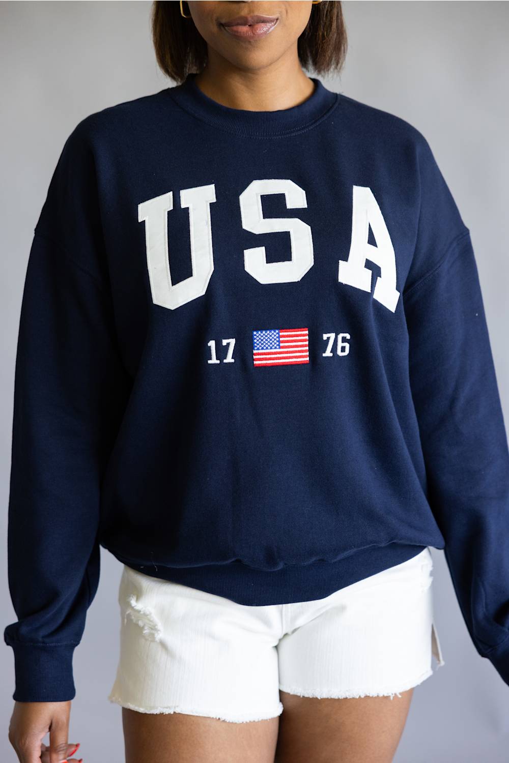 Embroidered USA 1776 Crewneck for Women in Navy