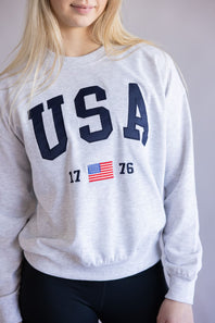 Embroidered USA 1776 Crewneck for Women in Grey | T1135-ICEGREY