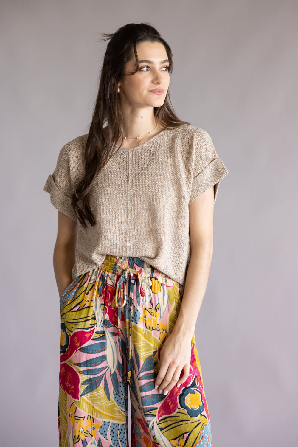 La Miel V-Neck Short Sleeve Sweater for Women in Taupe