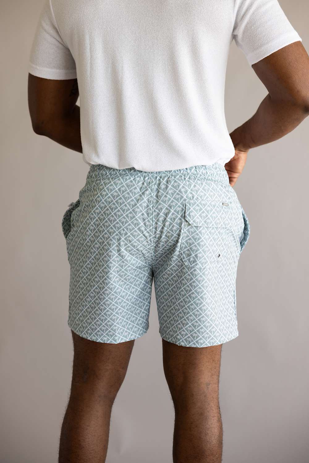 Vintage Summer 4 Way Stretch Volley Shorts for Men in Sage Palm Trees