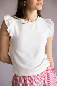 Urban Rib Flutter Sleeve Top for Women in White